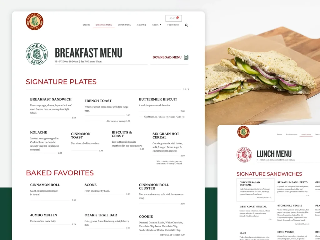 Online interactive menu with food filters and images